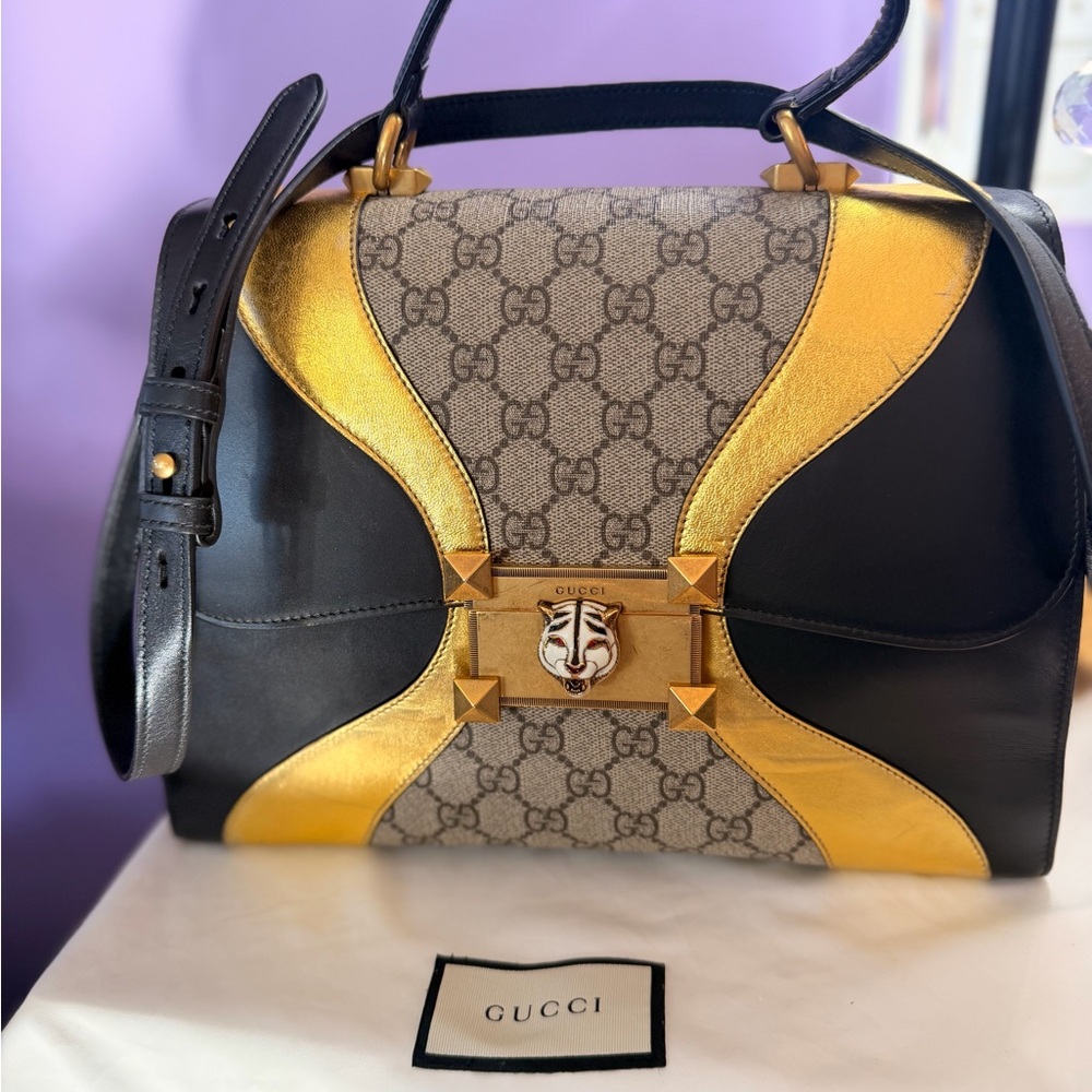 Gucci RARE Black, Gold & Beige GG Supreme Lion Face Bag